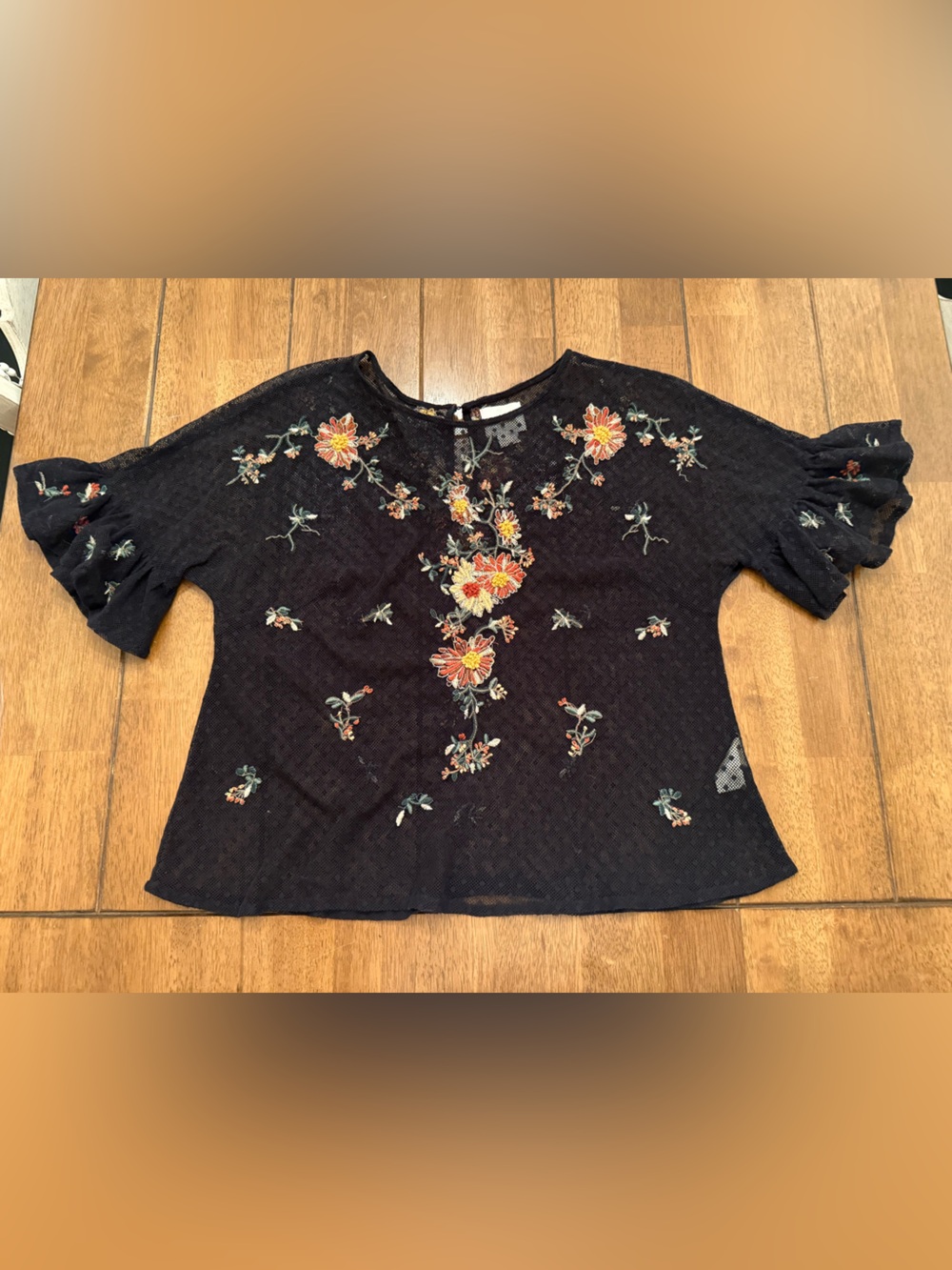Maeve Anthropologie Black Embroidered Mesh Floral Lace Top Ruffle Sleeve S